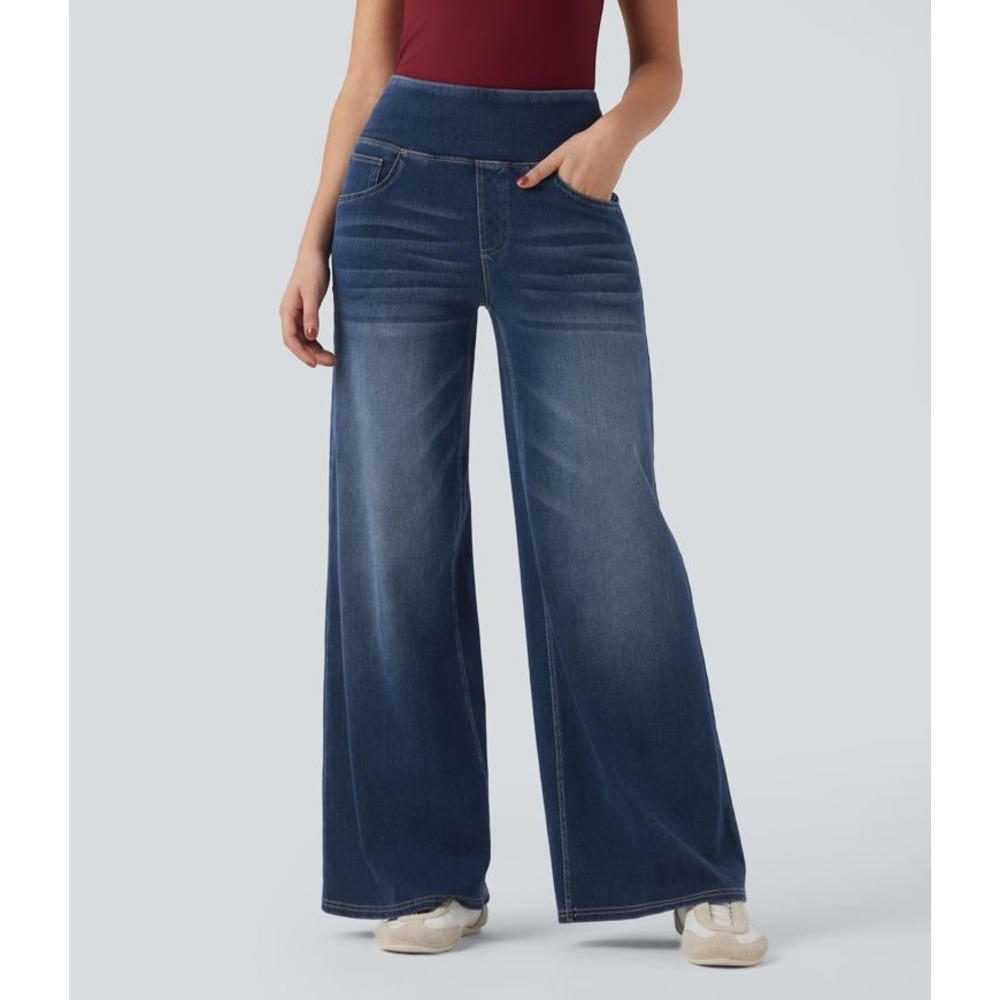 Halara Womens Wide Leg High Rise Pull On Stretch Denim Jeans Medium Wash Size L